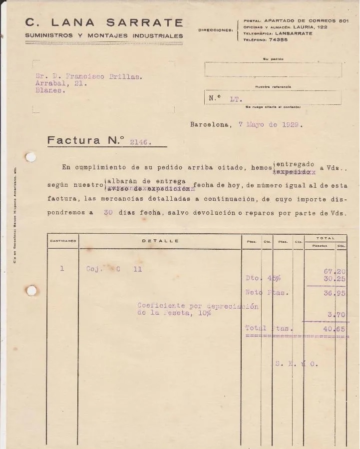 C.Lana Sarrate suministros y montajes industriales.Barcelona 1929