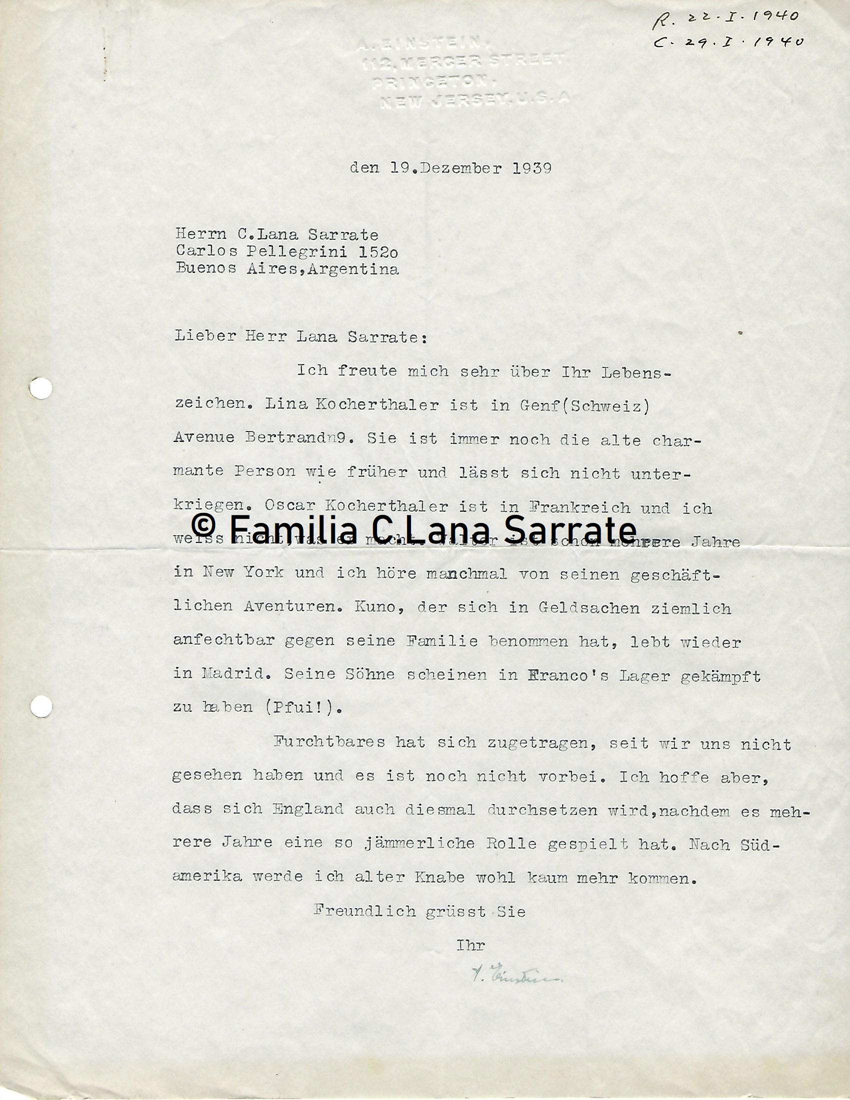 Carta de Einstein a Casimiro Lana Sarrate