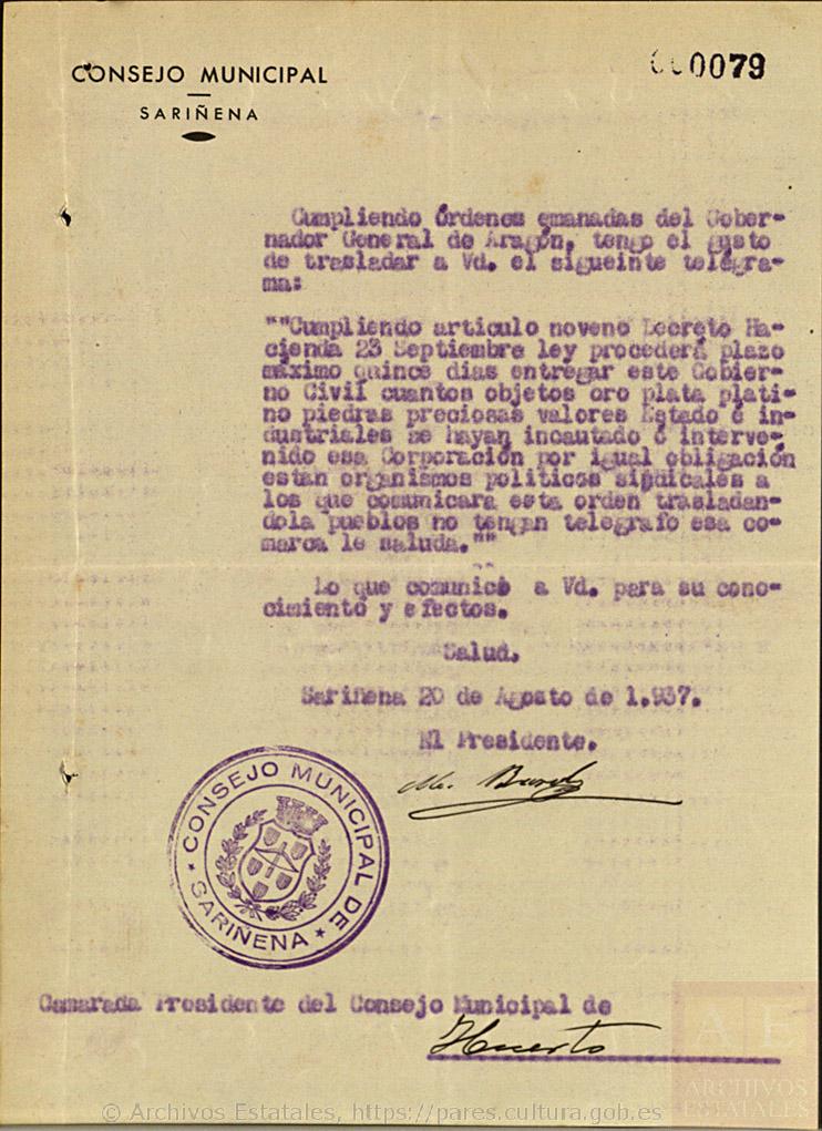A.H.N. Sección Fondos Contemporáneos Causa GeneralSubdirección General de los Archivos EstatalesMinisterio de Cultura.España